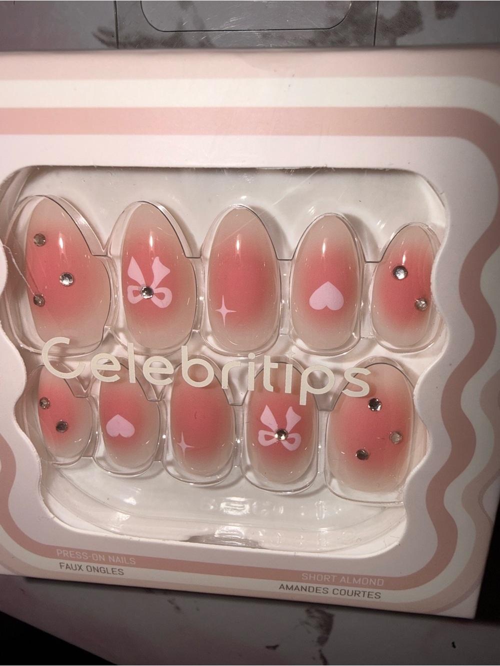 Celebritips Pink Ombre Heart & Bow Press-On Nail Set in Short Almond